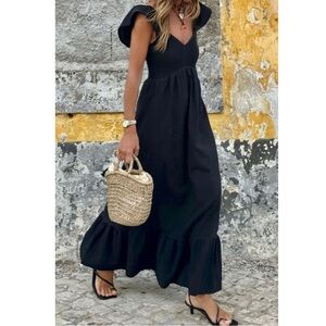 Black V Neck Flutter Sleeve Smocked Bodice High Waist Ruffled Maxi Dress